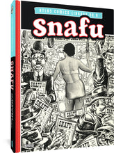 Load image into Gallery viewer, The cover to Atlas No. 8: Snafu, featuring an illustration of a bunch of men reading magazines titled "SNAFU." IN the center, a photo or more realistic illustration of a woman in lingerie with her back to the viewer stands, holding on to the subway strap.