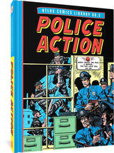 Load image into Gallery viewer, The cover to Police Action, featuring an illustration of five police officers gathered inside a building next to filing cabinets. Each one holds a gun and looks concerned. Above them is a sign with a red light that says "When circuit on wall is broken... the red light will go on." It appears to be red in the illustration. Through a window beside the cops, three criminals in striped prisoner outfits can be seen scaling a wall with fabric. one holds a gun.