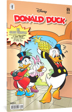 Load image into Gallery viewer, The cover to Donald Duck #1, featuring an illustration of Donald about to throw a golden pineapple on the floor. Behind him, Daisy looks shocked while Uncle Scrooge looks on with his arms crossed.