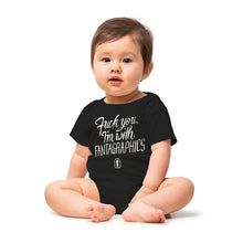 Load image into Gallery viewer, An image of the "Fuck You, I'm With Fantagraphics" design, written in a swirling and blocky font over the Fantagraphics nib logo. The text is printed on a black dog bandana, pictured on a baby.
