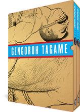 Load image into Gallery viewer, The box set for The Passion of Gengoroh Tagame: Master of Gay Erotic Manga: Vols. 1 & 2, featuring both volumes in a slipcase. The cover of the slipcase features an illustration of a large, hairy, masculine man with a mustache visible from the chest up. His chest and mouth are tied with ropes, and his neck is bent as he seems to struggle against them. The lower illustration features a close-up of a man's hairy chest, also bound with ropes.