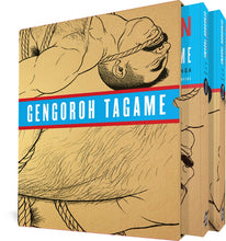 Load image into Gallery viewer, The box set for The Passion of Gengoroh Tagame: Master of Gay Erotic Manga: Vols. 1 & 2, featuring both volumes in a slipcase. The cover of the slipcase features an illustration of a large, hairy, masculine man with a mustache visible from the chest up. His chest and mouth are tied with ropes, and his neck is bent as he seems to struggle against them. The lower illustration features a close-up of a man's hairy chest, also bound with ropes.t