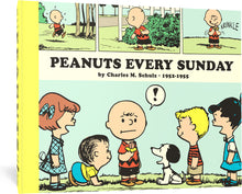 Load image into Gallery viewer, The cover to Peanuts Every Sunday Vol. 1, featuring a series of panels from a Peanuts comic. Charlie brown runs toward some trees, peeks over his shoulder, and slyly opens a candy bar, which lets out a 'Krinkle' sound effect. In the final panel, he is surrounded by his friends and Snoopy, who all seem to want some of his candy bar.