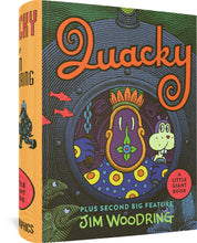 Load image into Gallery viewer, The cover to Quacky, featuring a colorful, abstract illustration of a figure looking toward the viewer from a porthole underwater, with fish surrounding the porthole.