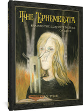Load image into Gallery viewer, The cover to The Ephemerata, featuring an illustration of a woman holding a cup. She looks tired and sad. In front of her is a gray structure with crooked branches reaching out from it, which cover the woman's face and point toward her eye.