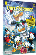 Load image into Gallery viewer, The cover to Uncle Scrooge: Flintheart Glomgold's Sinister Secret featuring the nephews opening presents with a smiling Flintheart. Above them, a maniacally laughing Flintheart appears. Behind them, Donald and Uncle Scrooge look on skeptically.