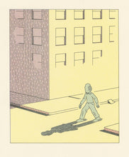 Load image into Gallery viewer, A riso print showing a person walking toward the intersection of two streets, lit from behind. A paper rests on the ground behind them. The far side of the building on the corner is shadowed, and the person's shadow stretches out ahead of them.