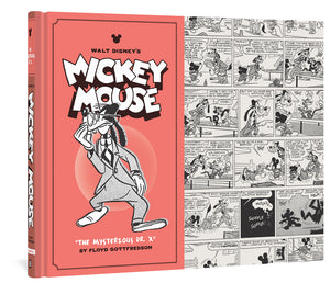 Walt Disney's Mickey Mouse "The Mysterious Dr. X" cover image, featuring two sections, one in coral and the other consisting of strips from the book. The coral side features text reading, "Walt Disney's Mickey Mouse, 'The Mysterious Dr. X' by Floyd Gottfredson" and a drawing of Goofy in a suit and glasses. He looks confused and holds his hand to his mouth as if in thought.