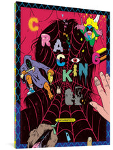 Load image into Gallery viewer, The cover to Tommi Musturi's Cracking, featuring the title and author's name in multicolored letters in a variety of styles, against a hot pink background. Over background is the silhouette of a person with one open red eye, covered in a spiderweb. Various figures overlay the drawing, such as a superhero flying at the viewer, a robed figure holding a bone, and two sets of hands, one furred and holding a quill pen.