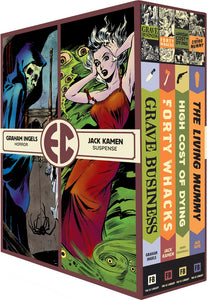 The EC Artists Library Slipcase Vol. 4 cover, featuring illustrations of a skeleton in a cloak and a woman screaming with her hands on either side of her head. The cover also features the EC logo and the words "Graham Ingels, Horror" and "Jack Kamen, Suspense." The books inside the slipcase are seen from the side, and include Grave Business, Forty Whacks, High Cost of Dying, and The Living Mummy.