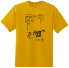 Load image into Gallery viewer, A golden yellow shirt featuring an illustration by George Herriman. Ignatz stands with his arms folded at his waist, saying, "I notice 'Krazy' that sometimes you are a 'Miss,' then again, you are a 'Mr.' Krazy responds, 'Yes, 'Ignatz.' So I am." In the lower corner of the illustration is text reading George Herriman, Krazy and Ignatz, 1914 next to the Fantagraphics logo.