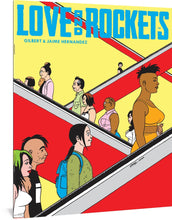 Load image into Gallery viewer, The Jaime Hernandez cover to Love and Rockets Vol. IV #9, featuring the title and author's names in blue. In the background, a series of criss-crossing red elevators feature various characters from the series traveling upward.