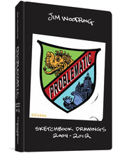Load image into Gallery viewer, The cover to Problematic: Sketchbook drawings 2004-2012 by Jim Woodring, with the author's name and subtitle in white on a black background. The title is part of a shield design split into three diagonal sections. The first has a green background and a creature with a curled snout, many teeth, and curling tongue all in yellow. The center section is red and contains the title in black white a white shadow. The third section features a city appearing to come out of the mouth of a creature.