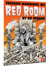 Load image into Gallery viewer, Red Room: Trigger Warnings #3 cover, featuring a figure seated on a stone throne with the Bitcoin logo. The figure wears a royal-style robe with an Bitcoin mask, and sits looking nonchalant with their hand resting near their face. The throne sits atop a pile of skulls, with ram head skull torches on either side. Text reads, "Trigger Warnings #3. Red Room by Ed Piskor."