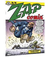 Load image into Gallery viewer, Zap Comix #16 cover image, featuring a large, suited man jumping on a green, thin violinist laying on the ground and playing for money. The man jumping says, "yeah, play me dat byootiful traumerie, like my mudder yoosta sing ta me! Play it louder! Yer not pullin' in enuff customers! An' play it sweet! That's how dey like it!" A narration box reads, "It's the human condition!"