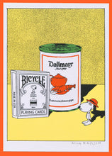 Load image into Gallery viewer, An image of the Anna Haifish bookplate, showing a Snoopy-like character in an orange hat next to a much large soup can and deck of Bicycle playing cards.