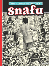 Load image into Gallery viewer, The cover to Atlas No. 8: Snafu, featuring an illustration of a bunch of men reading magazines titled &quot;SNAFU.&quot; IN the center, a photo or more realistic illustration of a woman in lingerie with her back to the viewer stands, holding on to the subway strap.
