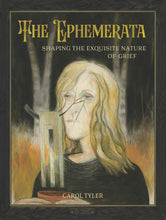 Load image into Gallery viewer, The cover to The Ephemerata, featuring an illustration of a woman holding a cup. She looks tired and sad. In front of her is a gray structure with crooked branches reaching out from it, which cover the woman&#39;s face and point toward her eye. 
