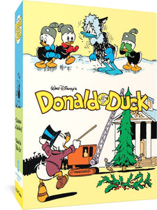 The cover to Walt Disney's Donald Duck Gift Box Set "Christmas in Duckburg" & "Under the Polar Ice": Vols. 21 & 23, featuring two illustrations surrounding the Walt Disney's Donald Duck logo. on top, the nephews surround a completely frozen Donald Duck. On the bottom, Uncle Scrooge runs toward a crane lifting a Christmas tree in front of a bank, while a crowd of silhouetted people watch.