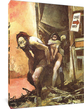 Load image into Gallery viewer, An illustration of two people in a dystopian or post-apocalyptic setting. One appears to be a man with red hair, leaning forward. He wears a skull-like mask on his face. Behind him is a woman who appears to be naked and bound at the wrists, with some kind of ghoul-like creature holding her around the neck. Beside them is a one-way sign.
