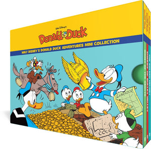 The cover to Walt Disney's Donald Duck Adventures Mini Collection, with an illustration of several versions of Donald. One rides a horse, another holds a golden helmet and a map reading "Labrador" while the nephews look on excitedly, and another features Donald licking his beak while looking at a container full of gold.