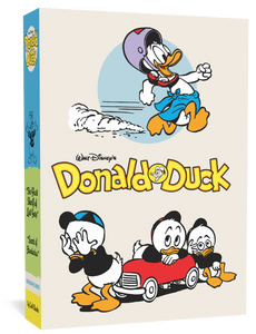 The cover to Walt Disney's Donald Duck Gift Box Set: "The Ghost Sheriff of Last Gasp" & "The Secret of Hondorica": Vols. 15 & 17 by Carl Barks. The cover is split into three sections. In the top section, Donald is running while wearing a purple helmet, red headphones around his neck, and a blue piece of fabric tied around his waist. In the middle, the Walt Disney's Donald Duck logo appears. In the bottom, the nephews surround a red toy car. One covers his eyes, while the other two look toward the camera.