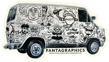 Load image into Gallery viewer, A sticker of the Fantagraphics van, featuring a number of illustrations from various cartoonists.
