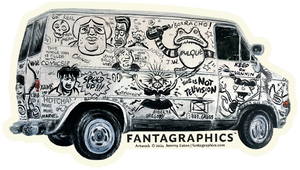 A sticker of the Fantagraphics van, featuring a number of illustrations from various cartoonists.