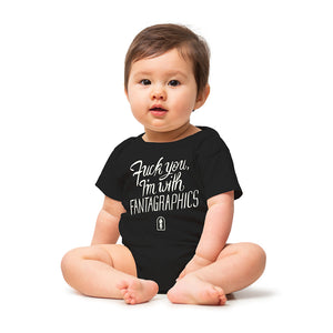 An image of the "Fuck You, I'm With Fantagraphics" design, written in a swirling and blocky font over the Fantagraphics nib logo. The text is printed on a black dog bandana, pictured on a baby.