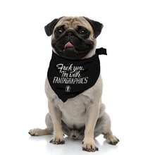Load image into Gallery viewer, An image of the &quot;Fuck You, I&#39;m With Fantagraphics&quot; design, written in a swirling and blocky font over the Fantagraphics nib logo. The text is printed on a black dog bandana, pictured on a pug.

