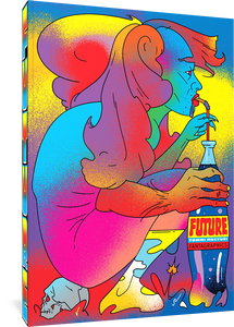 The cover to Future by Tommi Musturi. In bright, vivid colors, a figure sits crouched on skull, sipping a soda through a straw. The soda bottle features the title and artist's name. THe figure has long hair that seems to start midway back on their head. They have full red lips and hands with long, clawed fingernails. A drop of liquid falls from one corner of their mouth.