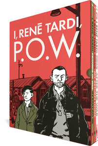 The slipcase cover to The Complete I, René Tardi, P.O.W., featuring the title superimposed over an illustration of two people, an older man and a younger man, against a monochrome backdrop of a prisoner of war camp. The three volumes are visible in the side of the slipcase. 