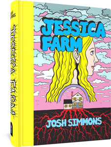 The cover to Jessica Farm, featuring a side view of a smiling bold woman against a pink sky filled with clouds. Below her is a farmhouse on black ground, with red, menacing roots extending into the earth.