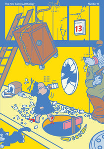 The cover to Now #13, featuring an illustration of a person wandering through a series of symbols of bad luck, including Friday the 13th, a broken mirror, spilled salt, a black cat, and walking under a latter. The person's feet are bleeding as they drink from a bottle of liquor. A safe is about to fall on their head, the are about to fall into a manhole, and a hungry wolf waits around the corner with a gun.