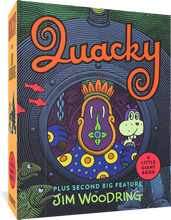 Load image into Gallery viewer, The cover to Quacky, featuring a colorful, abstract illustration of a figure looking toward the viewer from a porthole underwater, with fish surrounding the porthole.
