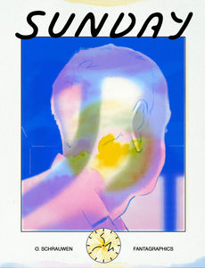 The cover to Sunday by O. Schrauwen, featuring the title and author's name surrounding a side/back portrait of a man looking away from the camera. The image is colored in soft yellows, pinks, and bright blue.