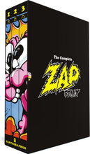 Load image into Gallery viewer, The Complete Zap boxset, which is black except for the logo and the spines of the three contained volumes, which feature a bright, close-up illustration of a crying character. 
