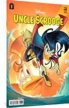 Load image into Gallery viewer, The cover to Uncle Scrooge #466, showing  Magica De Spell on a broom looking menacingly at the viewer, Behind her, Uncle Scrooge appears, looking worried.
