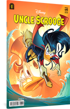 Load image into Gallery viewer, The cover to Uncle Scrooge #466, showing  Magica De Spell on a broom looking menacingly at the viewer, Behind her, Uncle Scrooge appears, looking worried.
