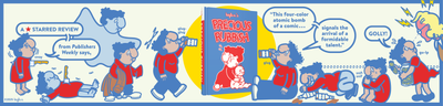 A graphic promoting Precious Rubbish by Kayla E., featuring illustrations of a feminine figure drinking, with a knife in their chest, and taking pickles from a jar. Text features a starred Publishers Weekly review reading, "This four-color atomic bomb of a comic signals the arrival of a formidable talent."