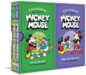 Micky Mouse Color Sundays Gift Box set containing Volumes 1 and 2. The two books come in a green and purple slipcase split into two sections. The Call of the Wild section features Mickey and Donald Duck holding hands and dancing. The second section for Robin Hood Rises Again features Mickey looking proud in a Robin Hood outfit, speaking two two young mice in red and green.