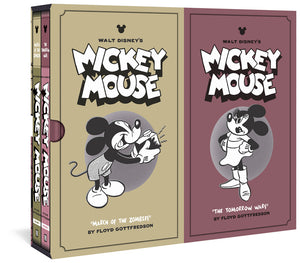 Walt Disney's Mickey Mouse Vols. 7 & 8 Gift Box Set cover image. The two books are in a slipcase with one half tan and one half mauve. The first half, for "March of the Zombies," features Mickey holding a large box with a button. Mickey looks excited as wavy lines emanate from the box. The second section for "The Tomorrow Wars" shows a female mouse in a dress and boots looking stern with her hands on her hips.