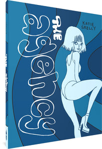 The cover to The Agency by Katie Skelly, featuring the title in a white bubble font and the author's name in a black handwritten font, all against a swirling blue background reminiscent of the '60s mod style. A young woman with her back to the viewer looks over her shoulder toward the viewer. She wears a high-V bodysuit and platform heels with socks.