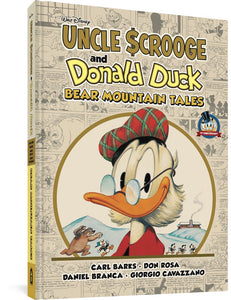 The Walt Disney's Uncle Scrooge & Donald Duck: Bear Mountain Tales cover image, featuring the title in various shades of yellow and the author's names in black. The background is made up of comic strip panels. In the center is a circular image of Uncle Scrooge wearing a tartan hat and glasses and smiling at the camera. On either side of him, much smaller and in the background, is an illustration of a bear chasing Donald and the nephews against a snowy hillside.
