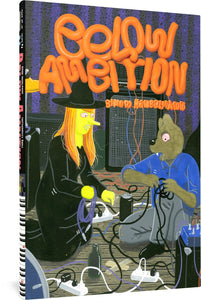 The cover to Below Ambition by Simon Hanselmann, featuring the title and author's name in an orange font that appears to be made out of shiny clay. In the background is an illustration of Megg and Werewolf Jones struggling with a mess of cords that appear to go to amps. Both have drool coming out of their mouths.