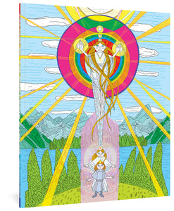 The cover to The Cartoon Utopia, featuring two childlike figures on the ground surrounded by the colorful light of an angelic figure surrounded by colorful circles. The angelic figure's hands are outstretched.
