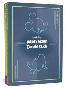 The cover to the Disney Masters  Collector's Box Set #3: Vols. 5 & 6, featuring the title in white and an outline of Mickey Mouse and Donald Duck in light blue against a dark blue background.