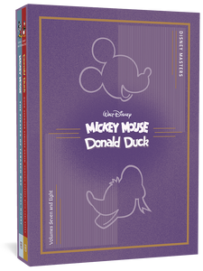 The cover to the Disney Masters  Collector's Box Set #4: Vols. 7 & 8, featuring the title in white and an outline of Mickey Mouse and Donald Duck in light purple against a dark purple background.