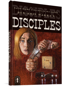 The cover to Disciples, featuring text reading, "David Birke & Nicholas McCarthy. Benjamin Marra's Disciples." An illustration features a young woman, three hands holding a knife in a stabbing motion, a locked wooden box or shed, and a van following a car, both with headlights on, on a wet street. The illustrations are surrounded by gritty red textures.
