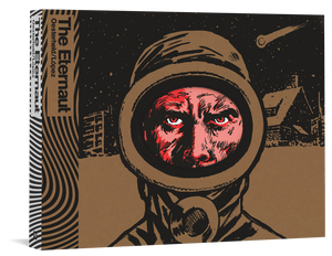 The Cover for the Eternaut, which shows a man with a red face inside of a space exploration helmet. In the background is a brown-colored town with a meteor or comet streaking overhead..